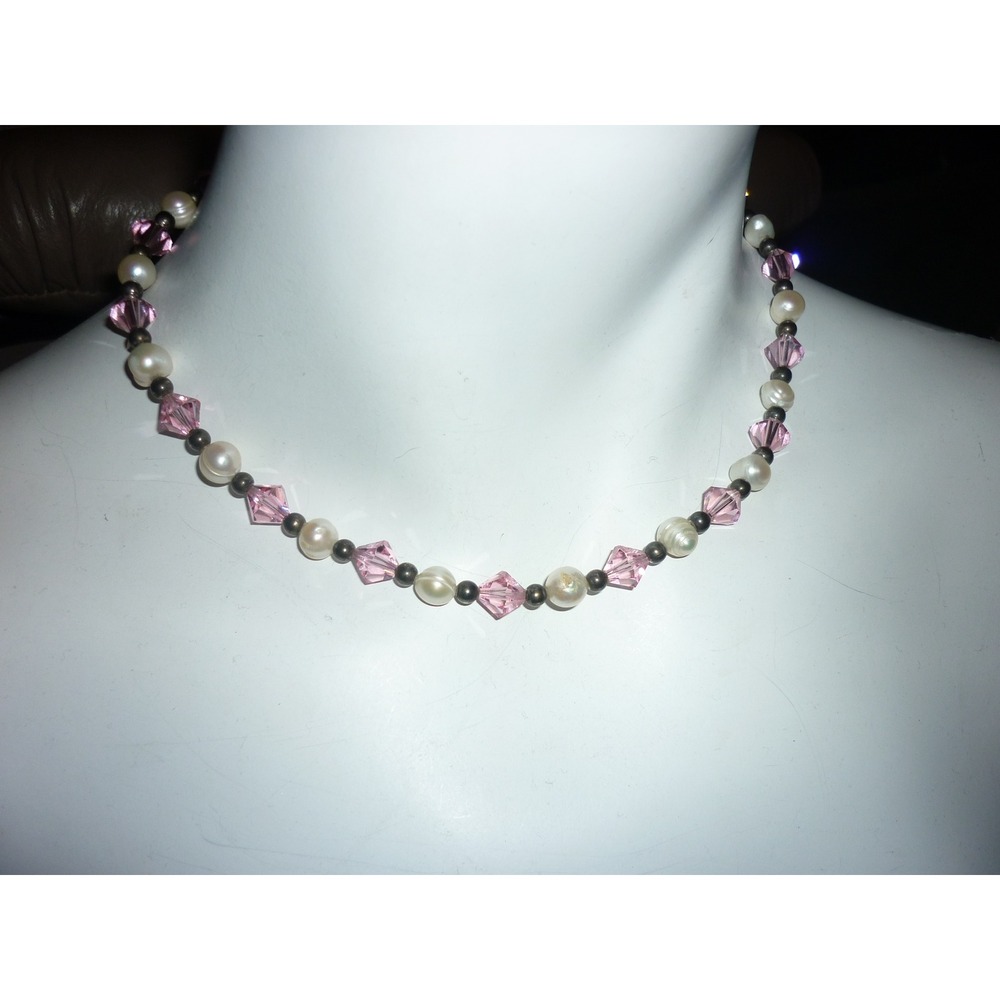 Vintage Elegant FreshWater Pearl Pink Crystal Beaded Necklace Silver Tone Choker